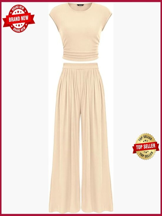 Pants - Cap Sleeve Ruched Crop Top Wide Leg Pant Set 2 Piece Lounge Outfit